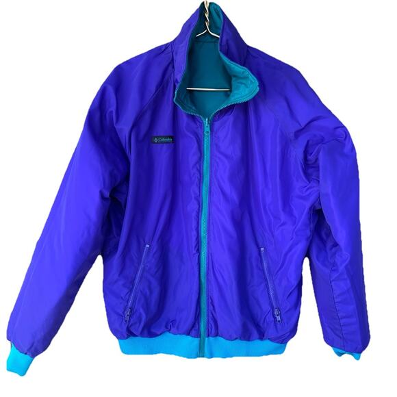 Vintage Columbia Womens Reversible Bomber Jacket Large Blue Purple Full Zip 90s - Picture 2 of 12